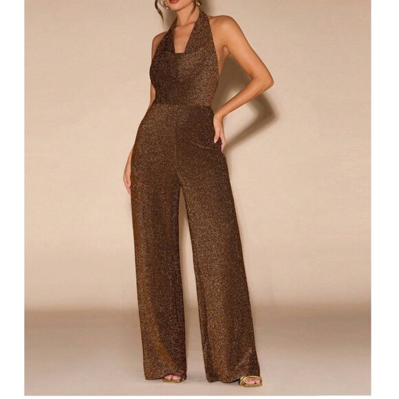 Minimalist Metallic Draped Neck Wide Leg Jumpsuit - Picture 5 of 6